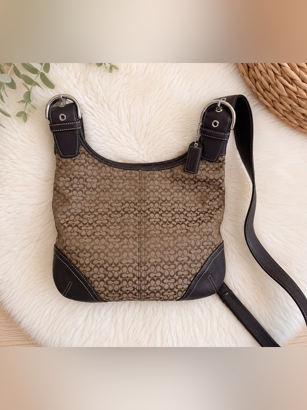 Coach Brown Logo Canvas Shoulder Bag with Dark Leather Trim